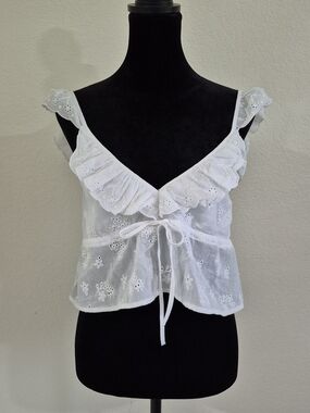 White Eyelet Ruffle Tie-Front Crop Top
